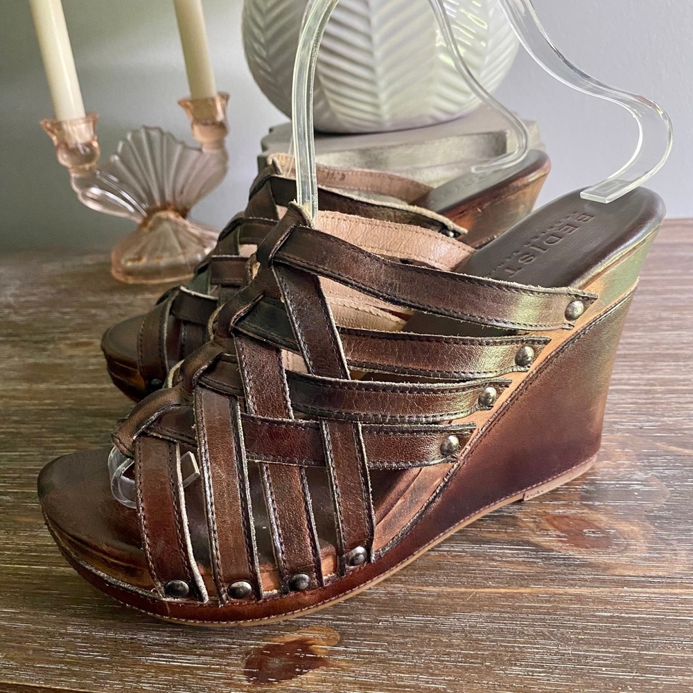 Bed Stu Gina Handmade Leather Studded Wood Platform Wedges Sandals Shoe 10 Brown - Picture 4 of 9